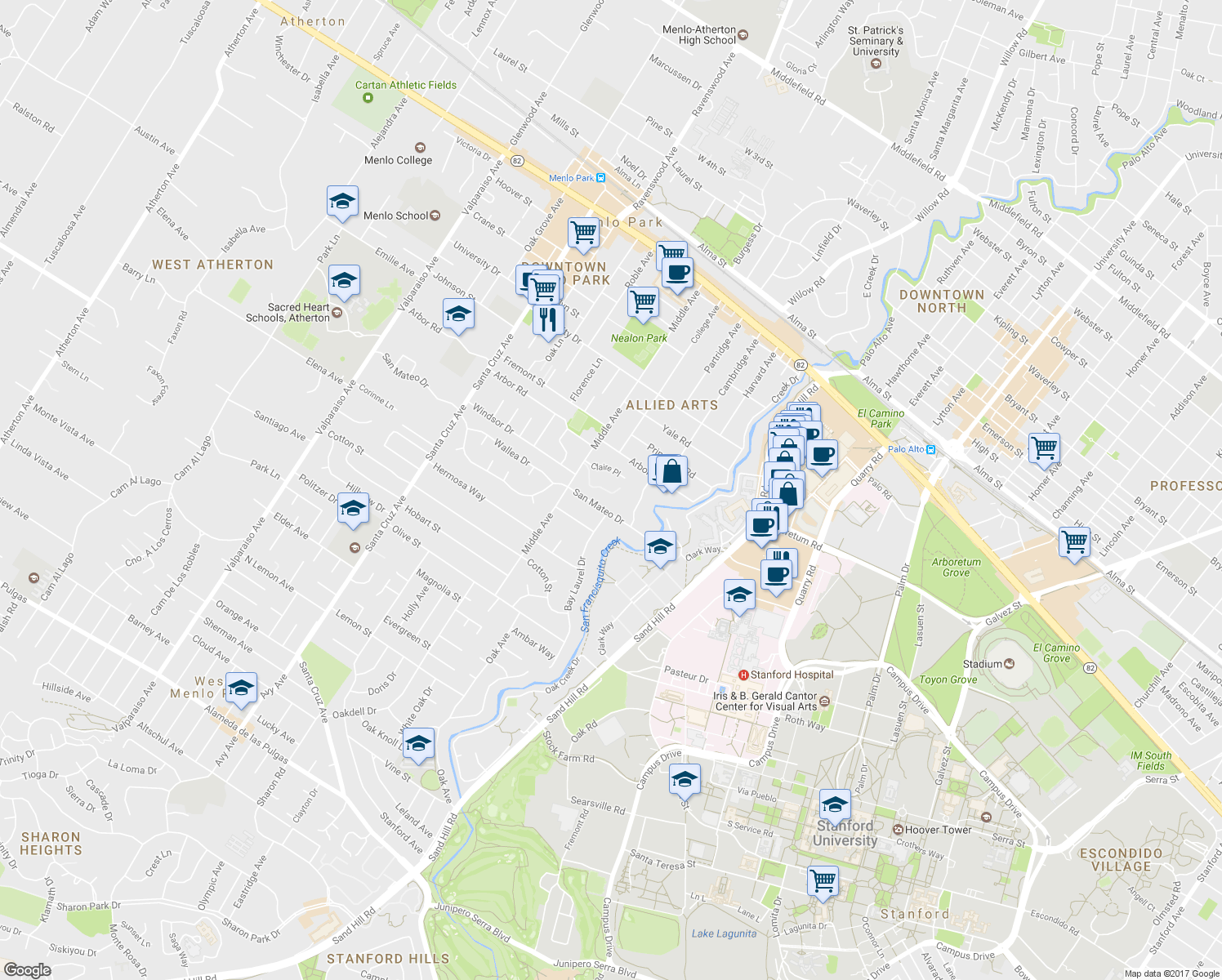 map of restaurants, bars, coffee shops, grocery stores, and more near 7 Maywood Lane in Menlo Park