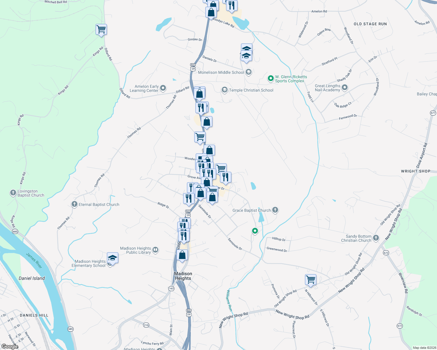 map of restaurants, bars, coffee shops, grocery stores, and more near 199 Sycamore Lane in Madison Heights