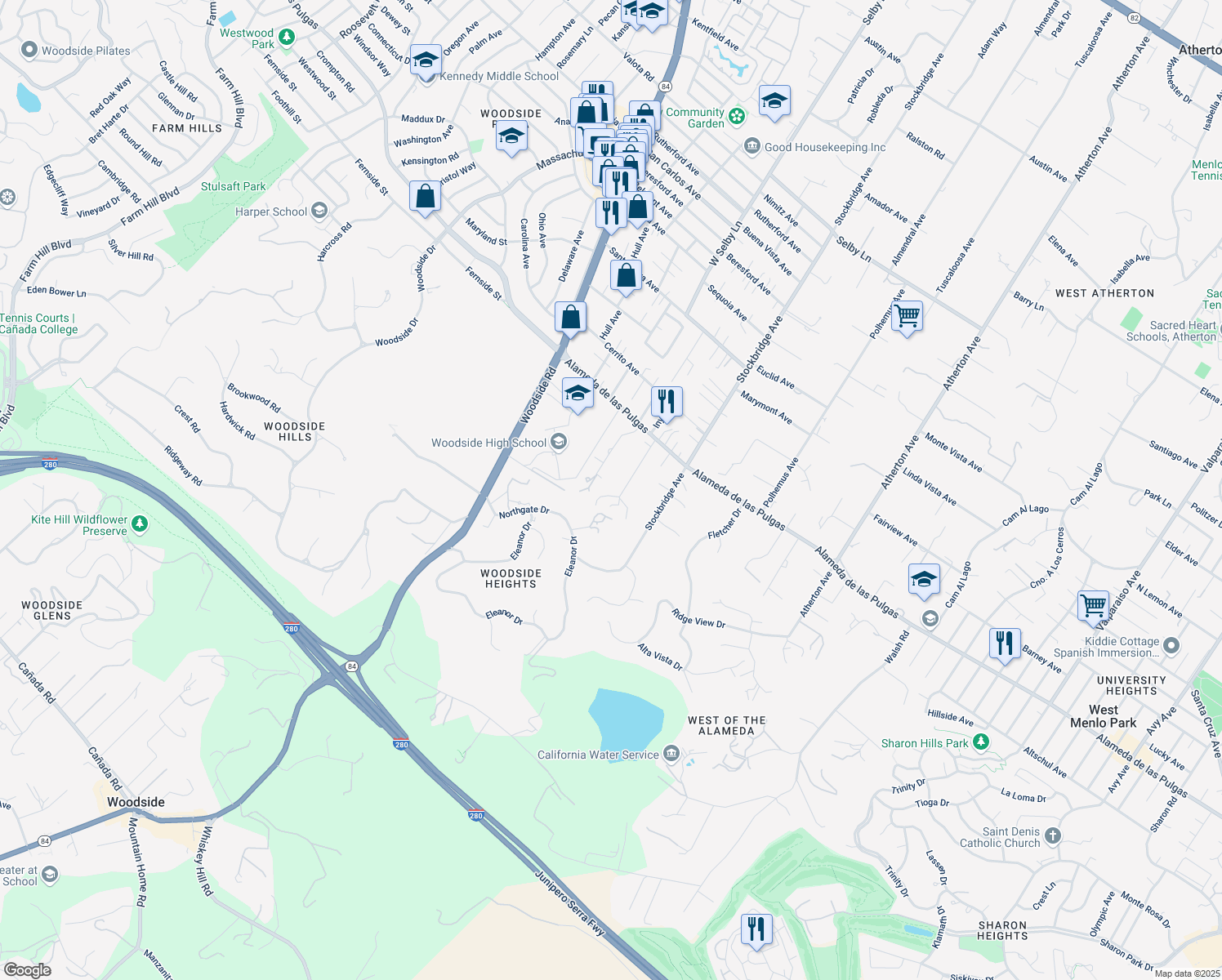 map of restaurants, bars, coffee shops, grocery stores, and more near 2180 Greenways Drive in Woodside