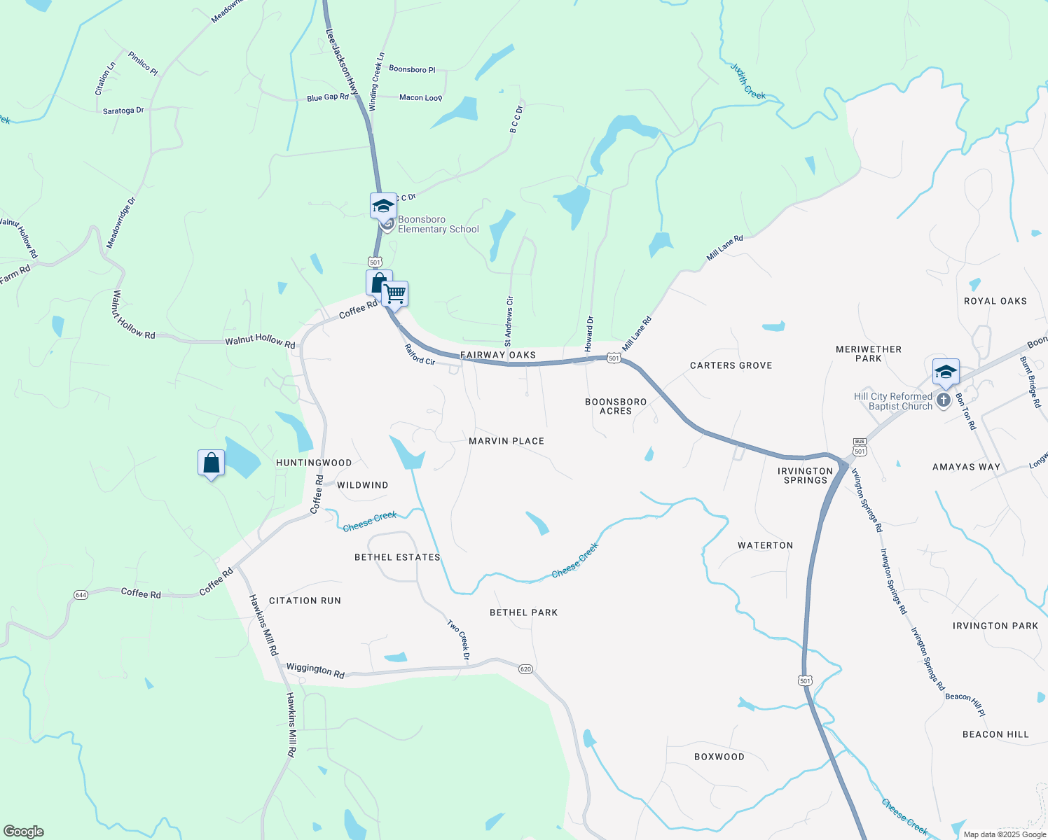 map of restaurants, bars, coffee shops, grocery stores, and more near 110 Marvin Place in Lynchburg