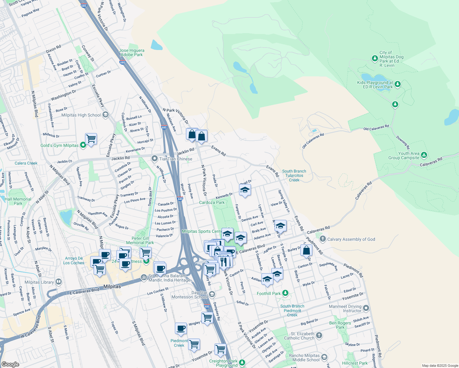 map of restaurants, bars, coffee shops, grocery stores, and more near 521 Topham Court in Milpitas
