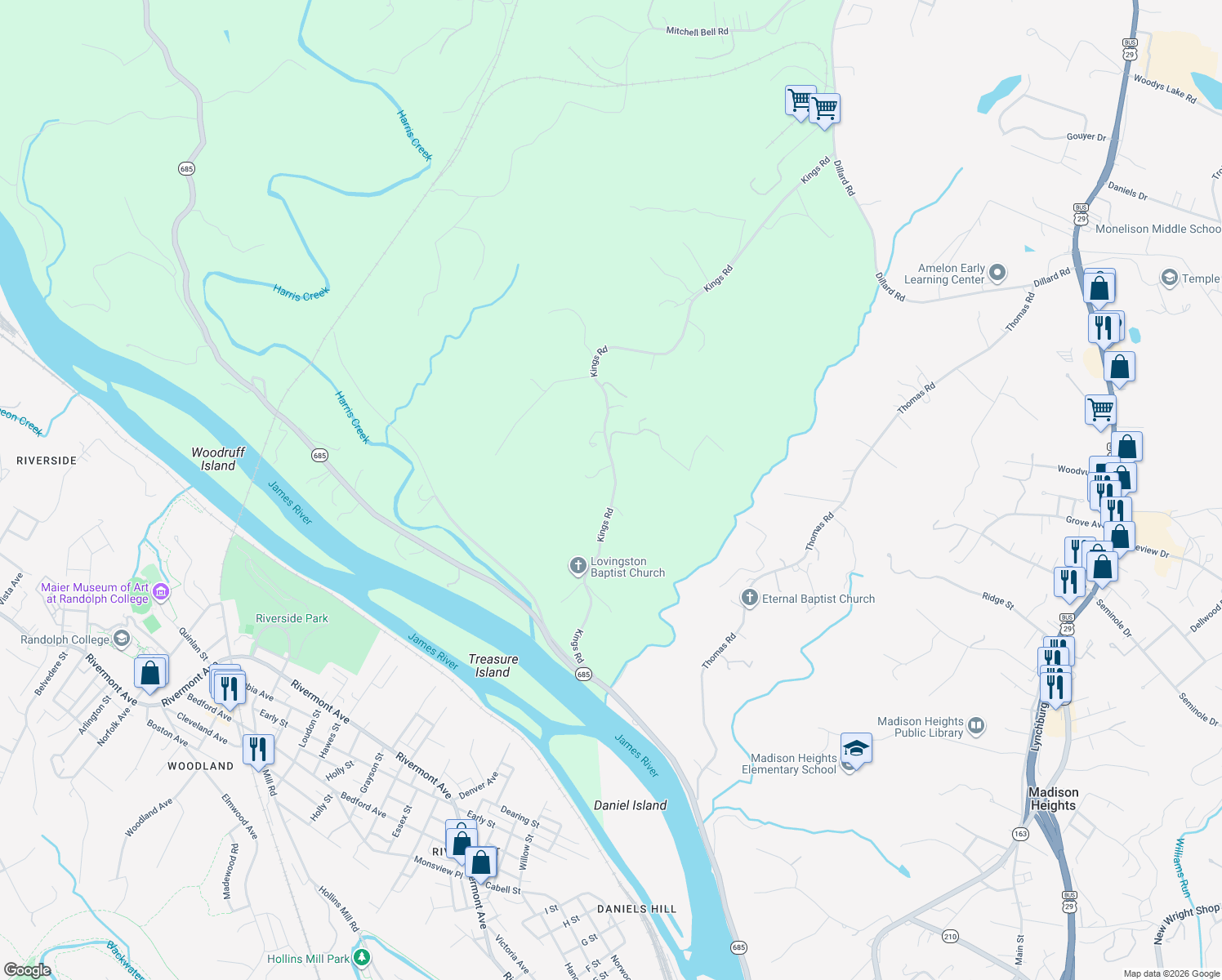 map of restaurants, bars, coffee shops, grocery stores, and more near 664 Kings Road in Madison Heights