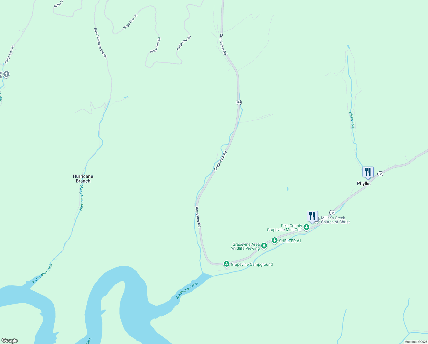 map of restaurants, bars, coffee shops, grocery stores, and more near 13551 Grapevine Road in Phyllis