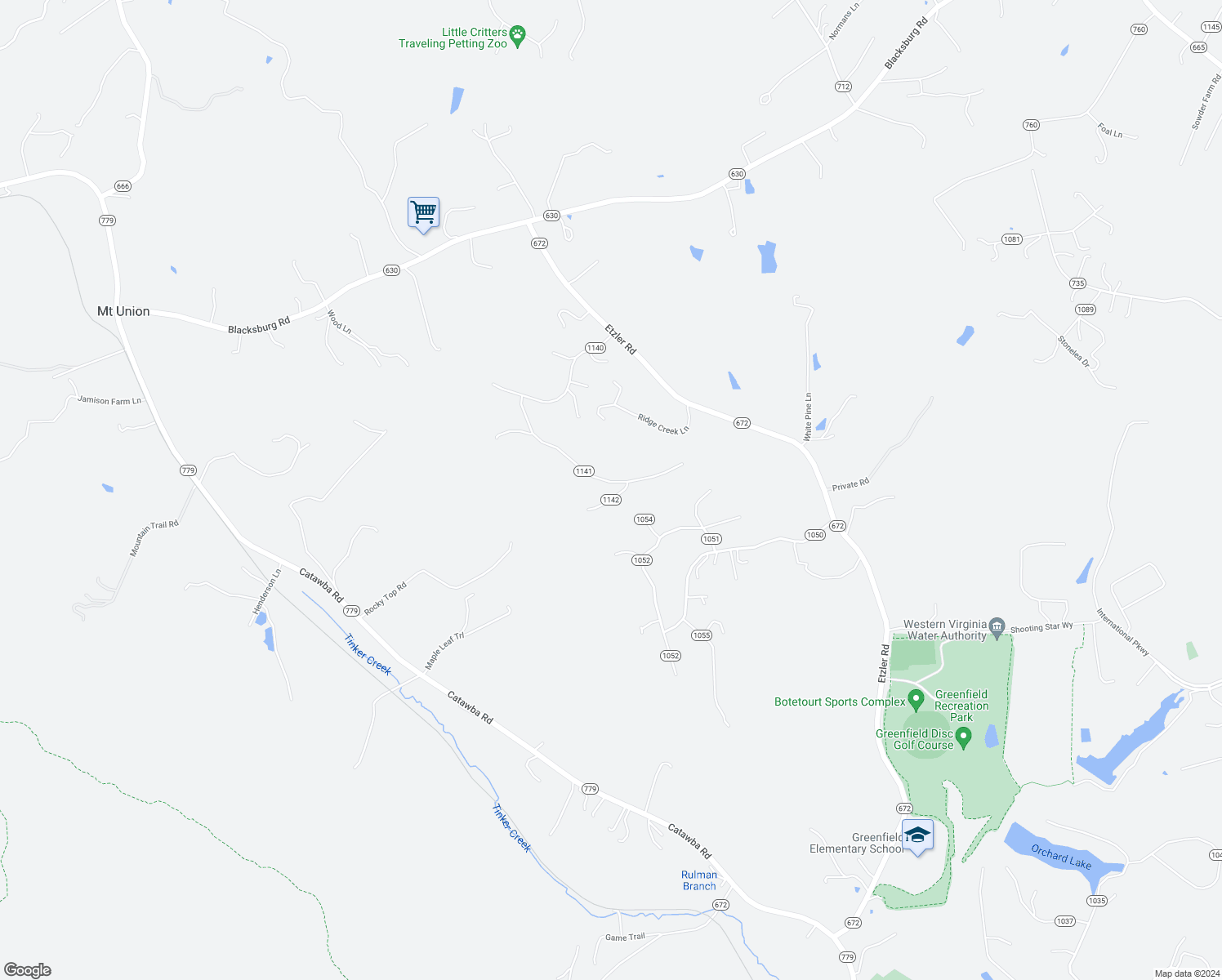 map of restaurants, bars, coffee shops, grocery stores, and more near 426 Grandview Drive in Troutville