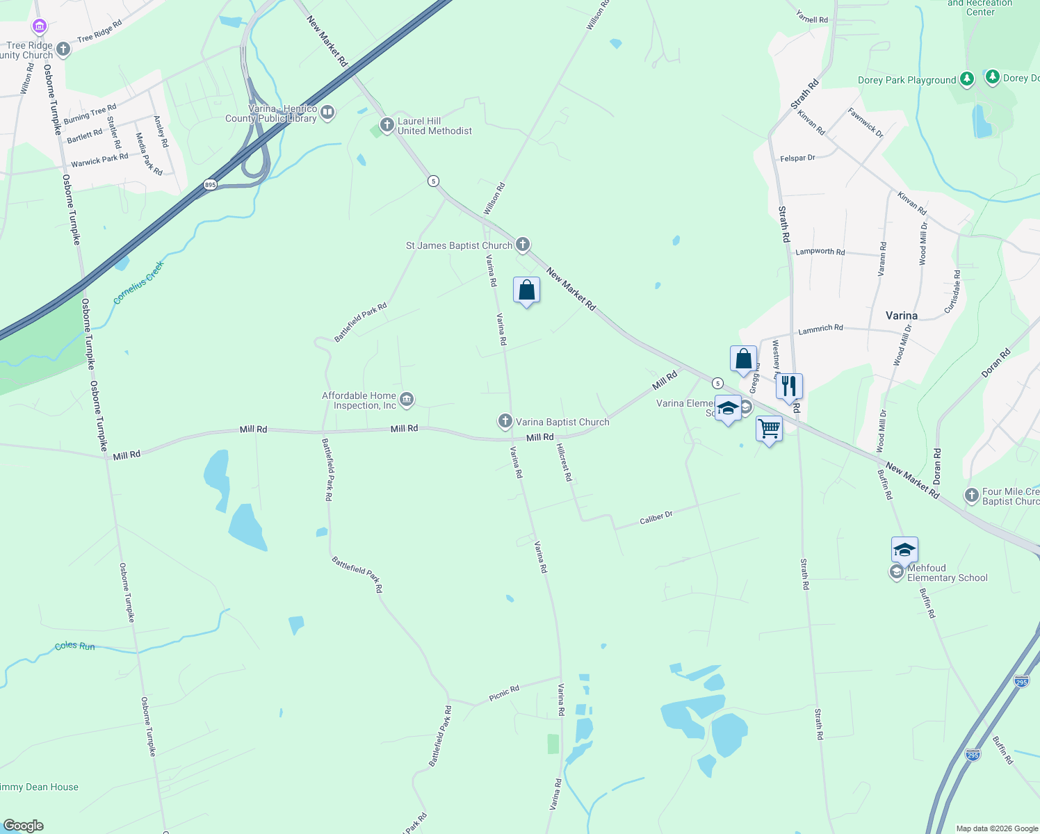 map of restaurants, bars, coffee shops, grocery stores, and more near 8059 Varina Rd in Richmond