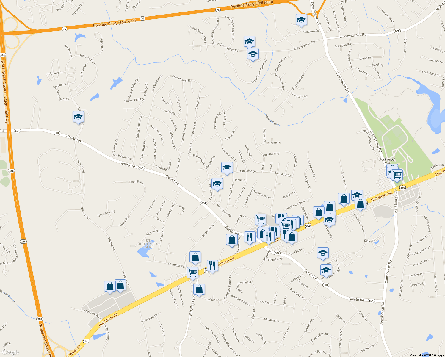 map of restaurants, bars, coffee shops, grocery stores, and more near 11719 Walnut Wood Court in Midlothian