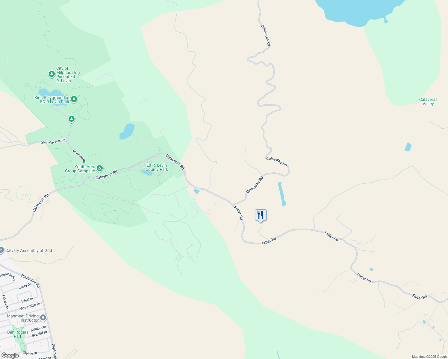 map of restaurants, bars, coffee shops, grocery stores, and more near 3463 Calaveras Road in Milpitas