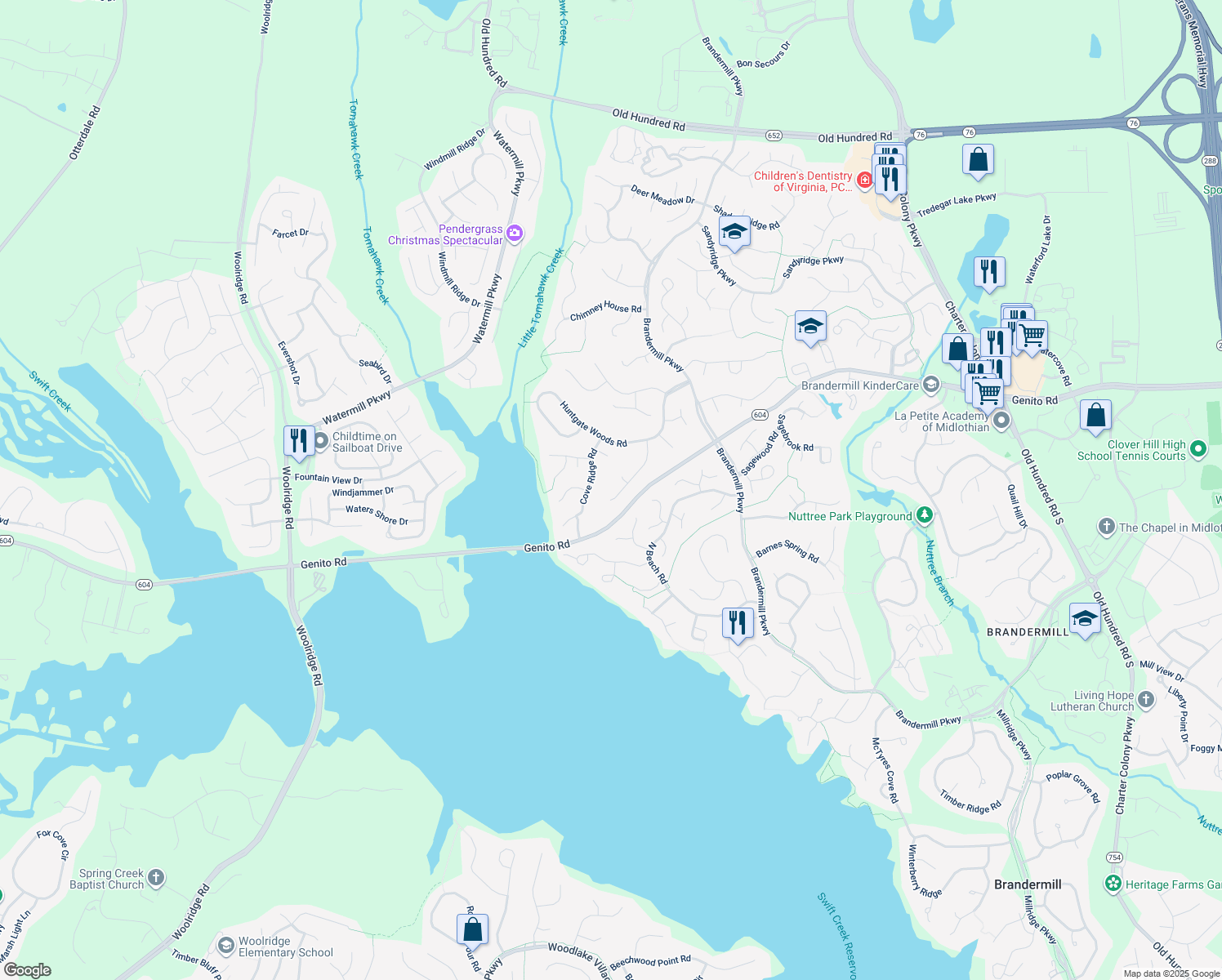 map of restaurants, bars, coffee shops, grocery stores, and more near 14304 Long Gate Rd in Midlothian
