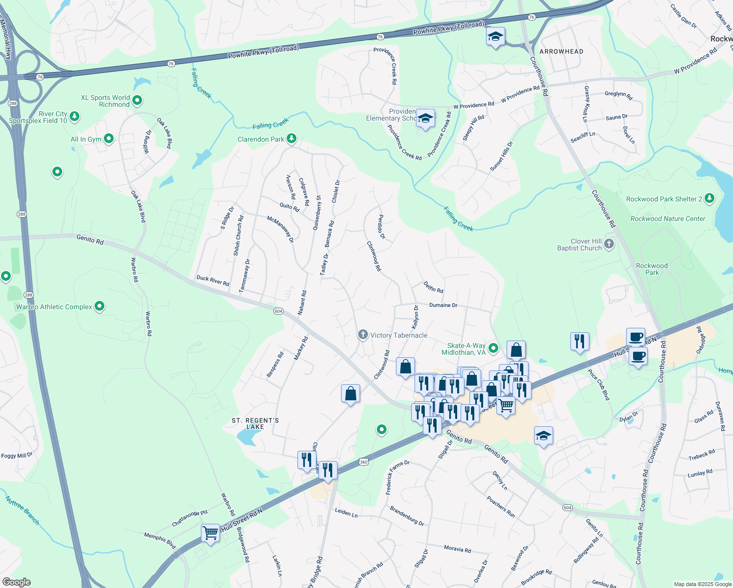 map of restaurants, bars, coffee shops, grocery stores, and more near 11714 Walnut Wood Drive in Midlothian