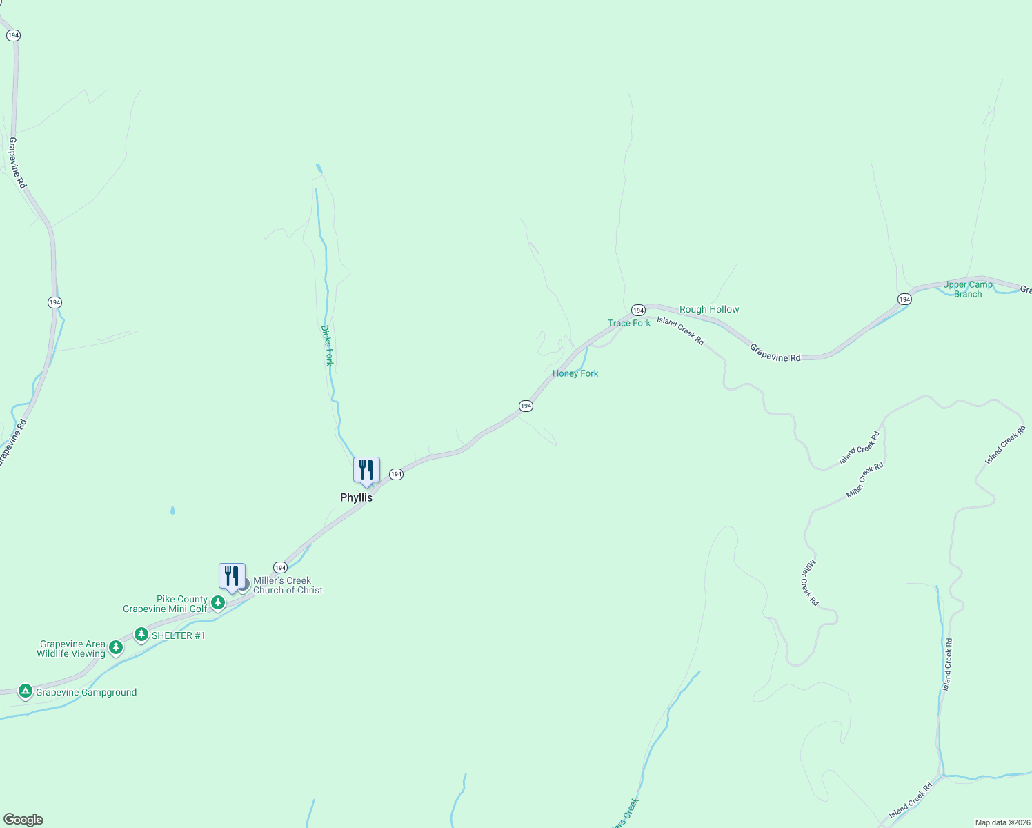 map of restaurants, bars, coffee shops, grocery stores, and more near 16664 Grapevine Road in Phyllis