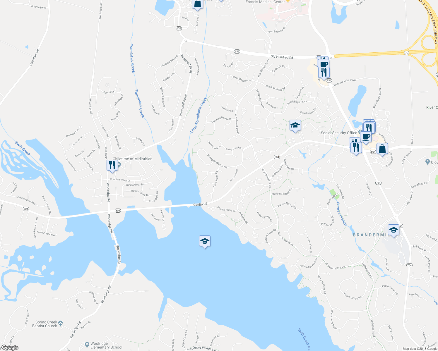 map of restaurants, bars, coffee shops, grocery stores, and more near 2901 Cove Ridge Road in Midlothian