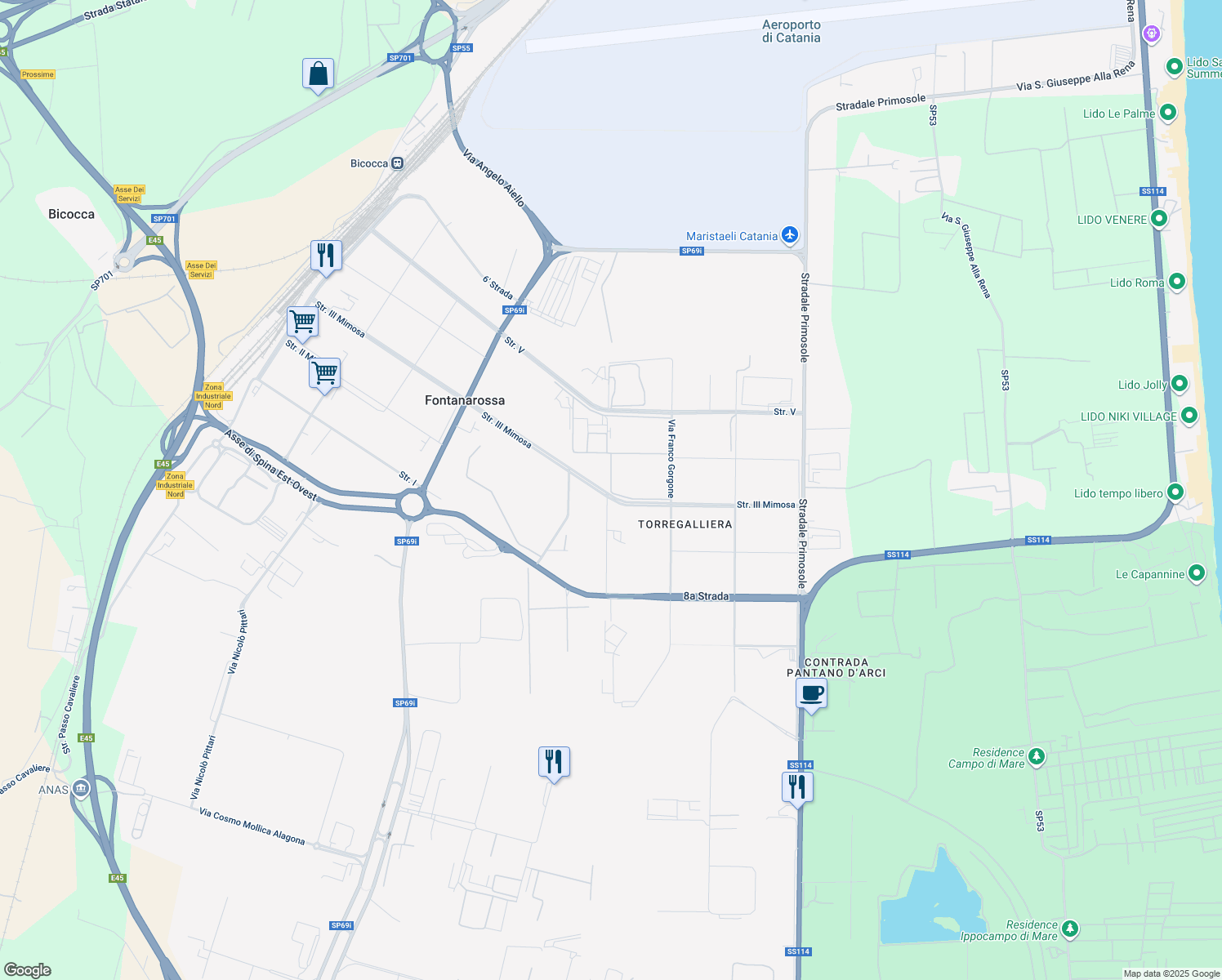 map of restaurants, bars, coffee shops, grocery stores, and more near 14 Strada III Mimosa in Catania