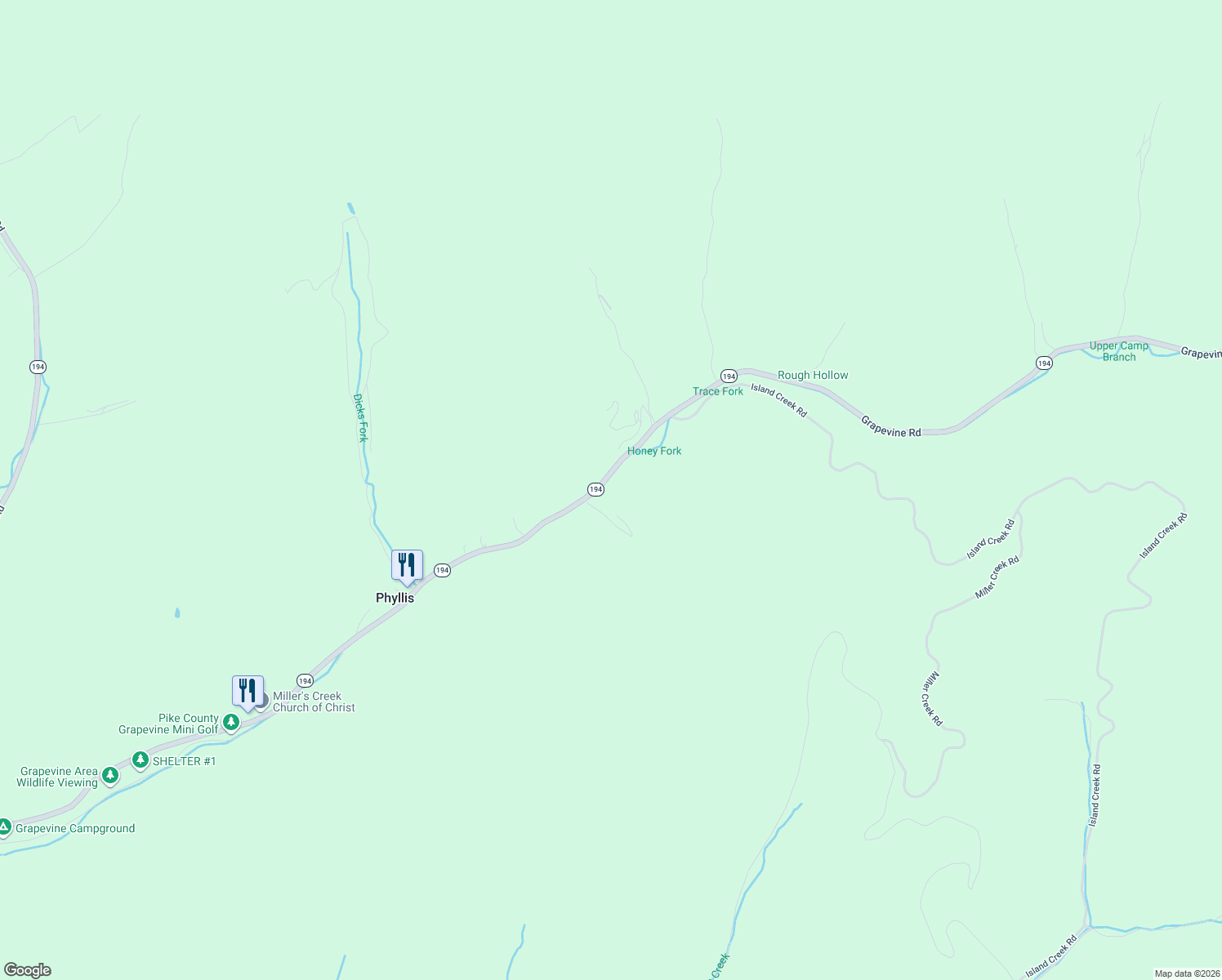 map of restaurants, bars, coffee shops, grocery stores, and more near 16664-17098 Grapevine Road in Phyllis