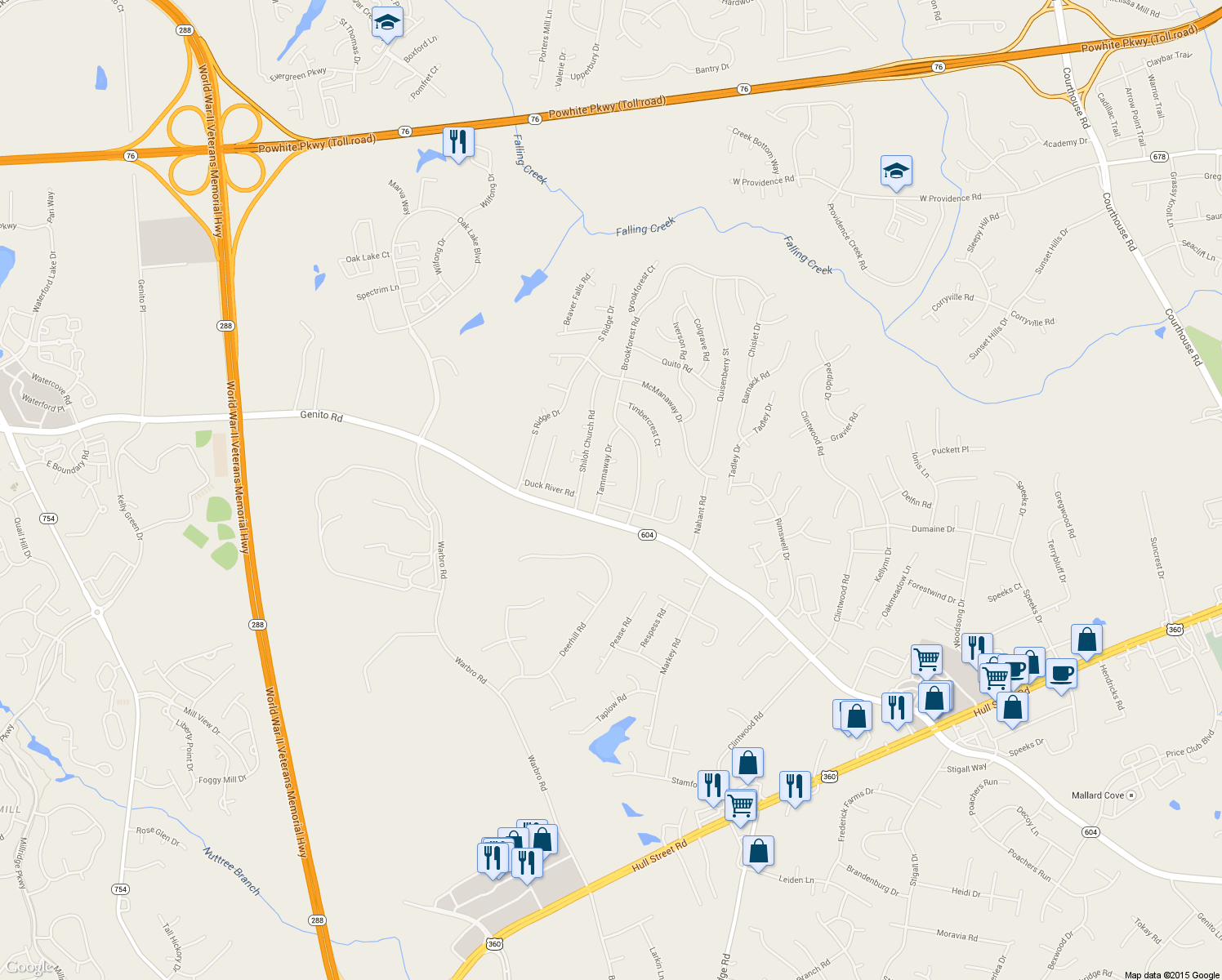 map of restaurants, bars, coffee shops, grocery stores, and more near 12205 McKenna Circle in Midlothian