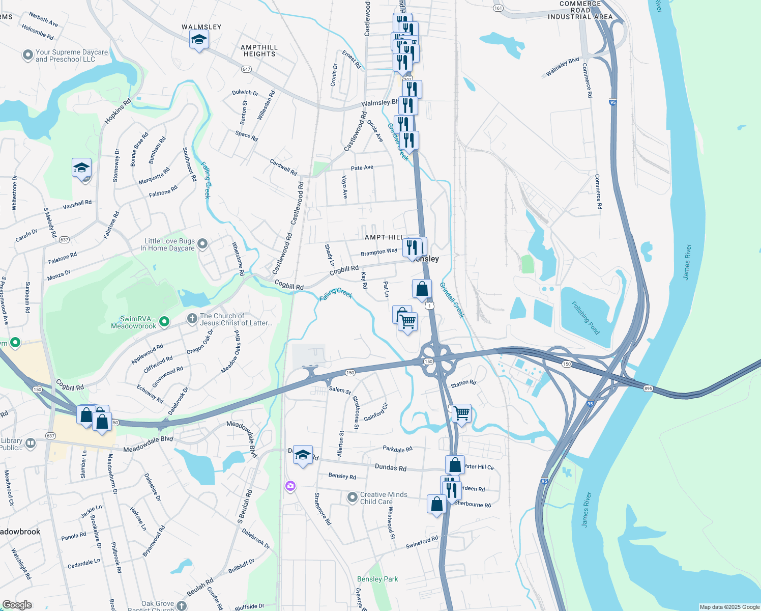 map of restaurants, bars, coffee shops, grocery stores, and more near 5540 Kay Road in Richmond
