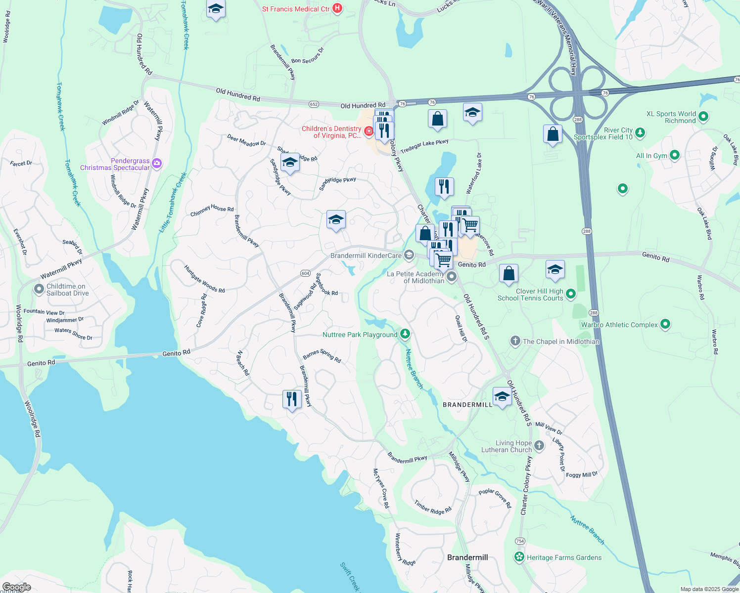 map of restaurants, bars, coffee shops, grocery stores, and more near 3014 3 Bridges Road in Midlothian