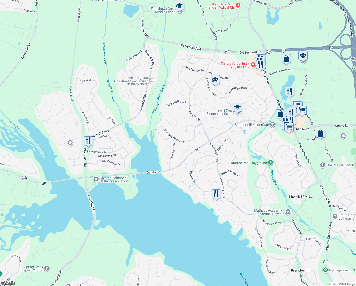 map of restaurants, bars, coffee shops, grocery stores, and more near 14208 Cove Ridge Court in Midlothian