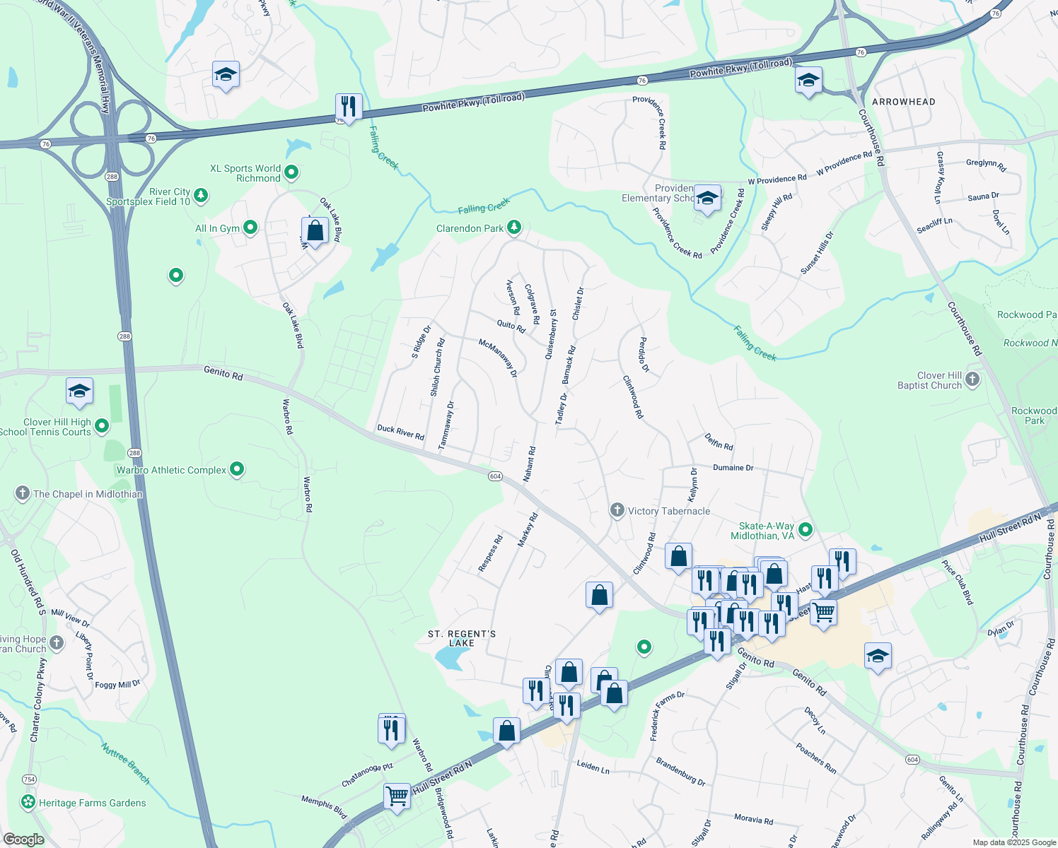 map of restaurants, bars, coffee shops, grocery stores, and more near 3100 Nahant Road in Midlothian