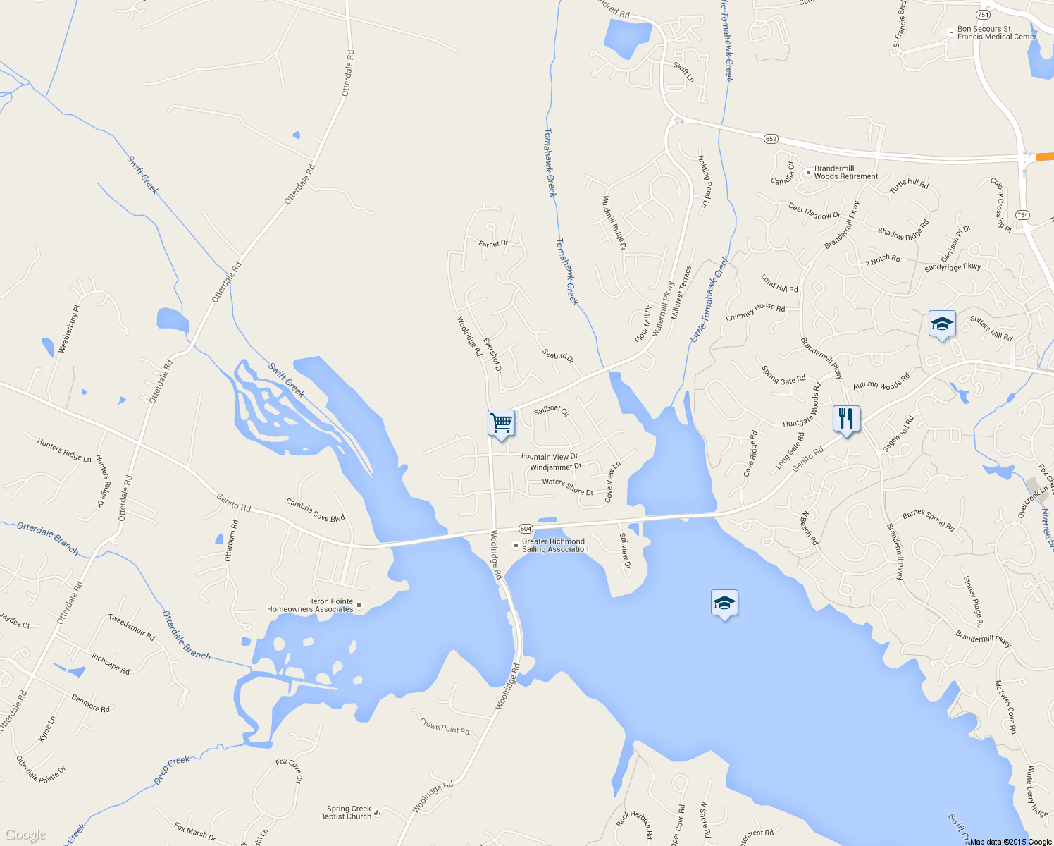 map of restaurants, bars, coffee shops, grocery stores, and more near 14724 Sailboat Circle in Midlothian