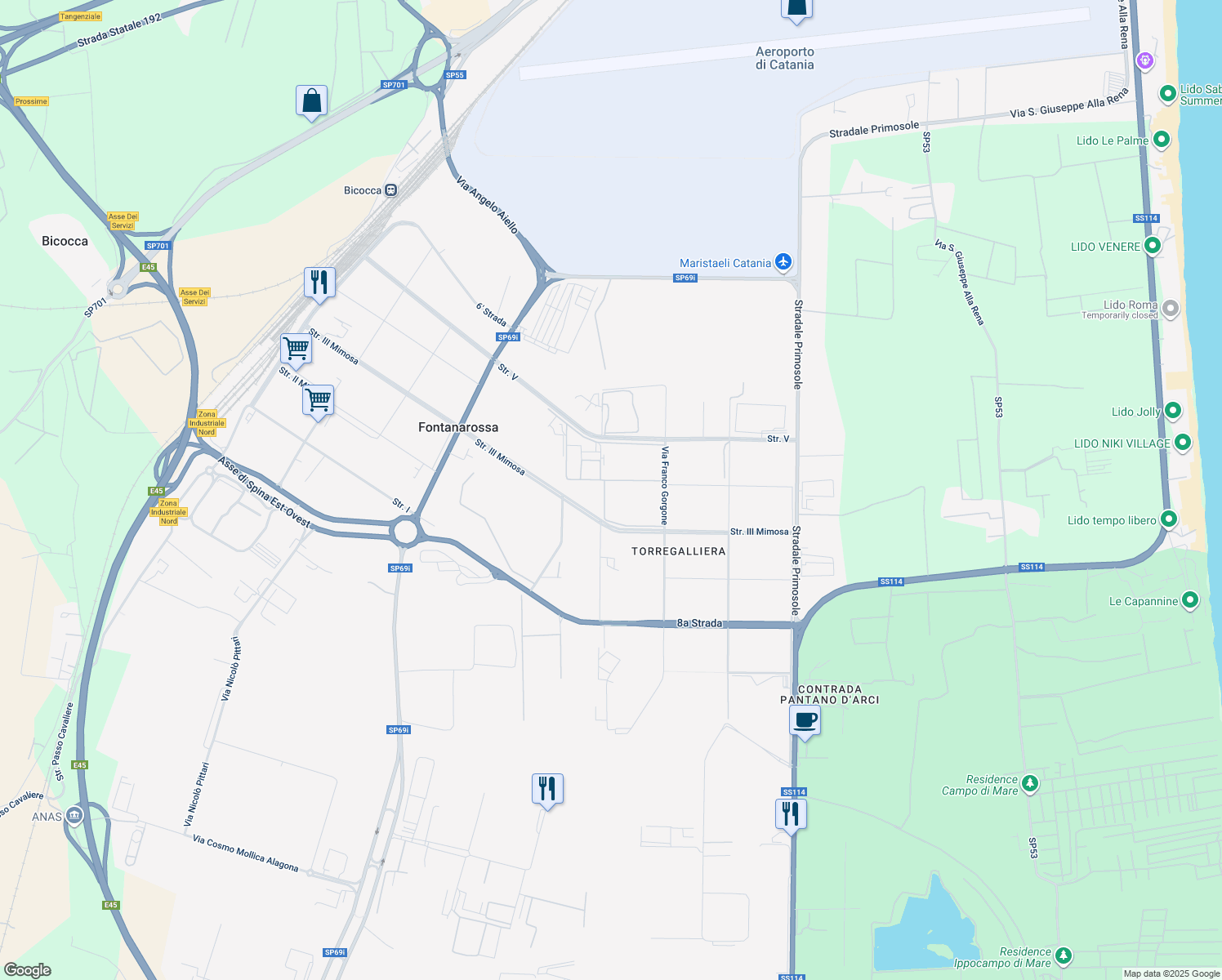 map of restaurants, bars, coffee shops, grocery stores, and more near 14 Strada III Mimosa in Catania