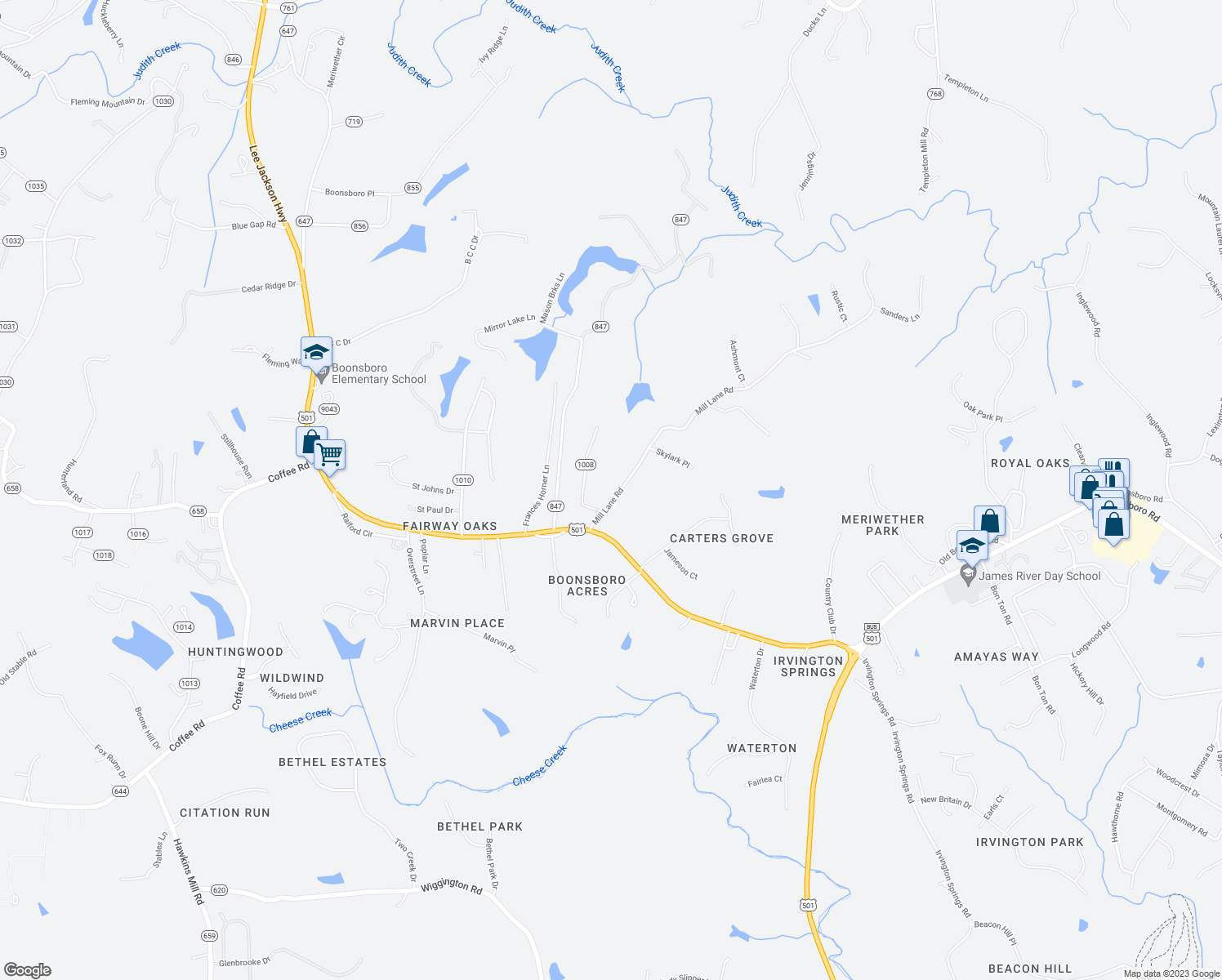 map of restaurants, bars, coffee shops, grocery stores, and more near 121 Mill Lane Road in Lynchburg