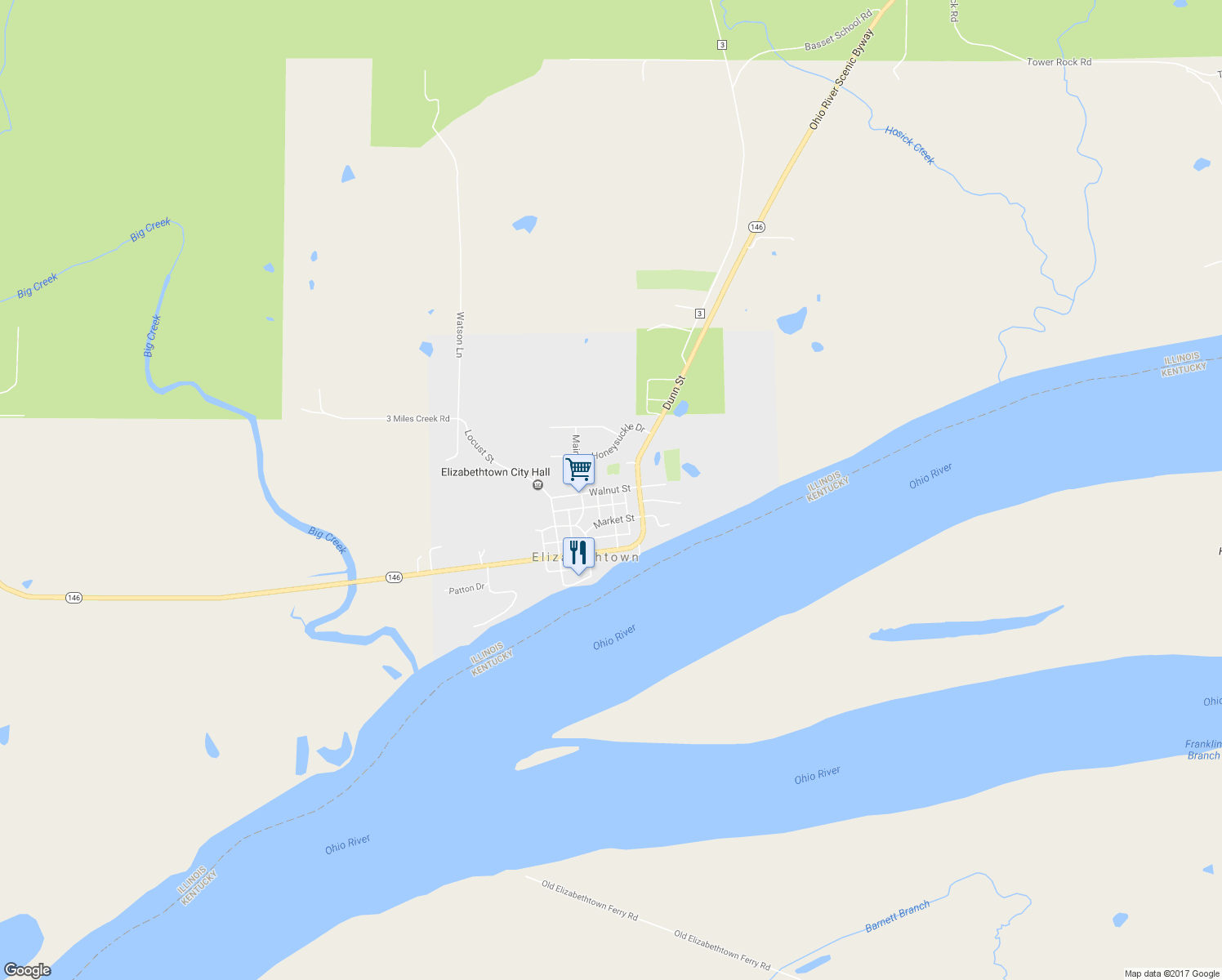 map of restaurants, bars, coffee shops, grocery stores, and more near Walnut Street in Elizabethtown