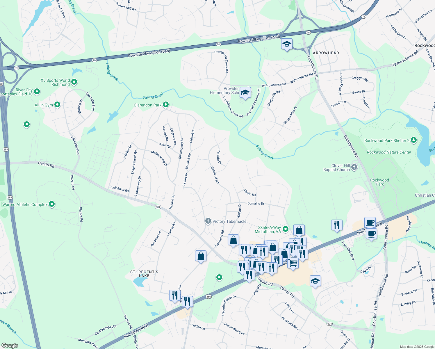 map of restaurants, bars, coffee shops, grocery stores, and more near 11441 Gravier Road in Midlothian