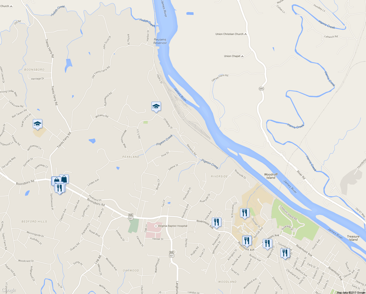 map of restaurants, bars, coffee shops, grocery stores, and more near 551 Buckner Drive in Lynchburg