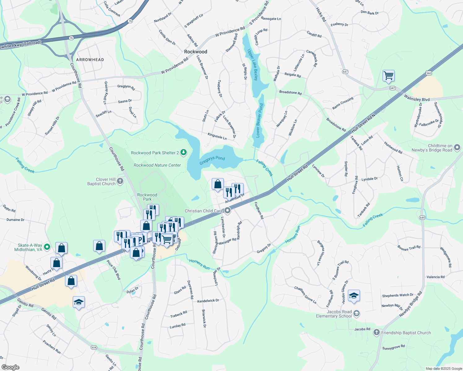 map of restaurants, bars, coffee shops, grocery stores, and more near 9009 Amberhill Loop in Richmond