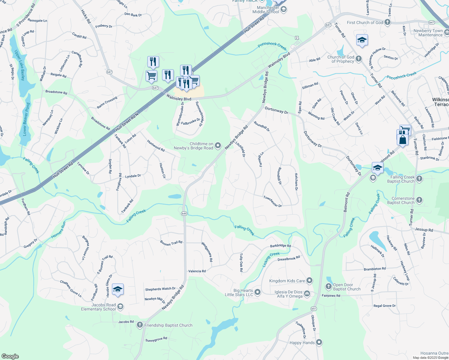 map of restaurants, bars, coffee shops, grocery stores, and more near 7819 Towchester Drive in Chesterfield