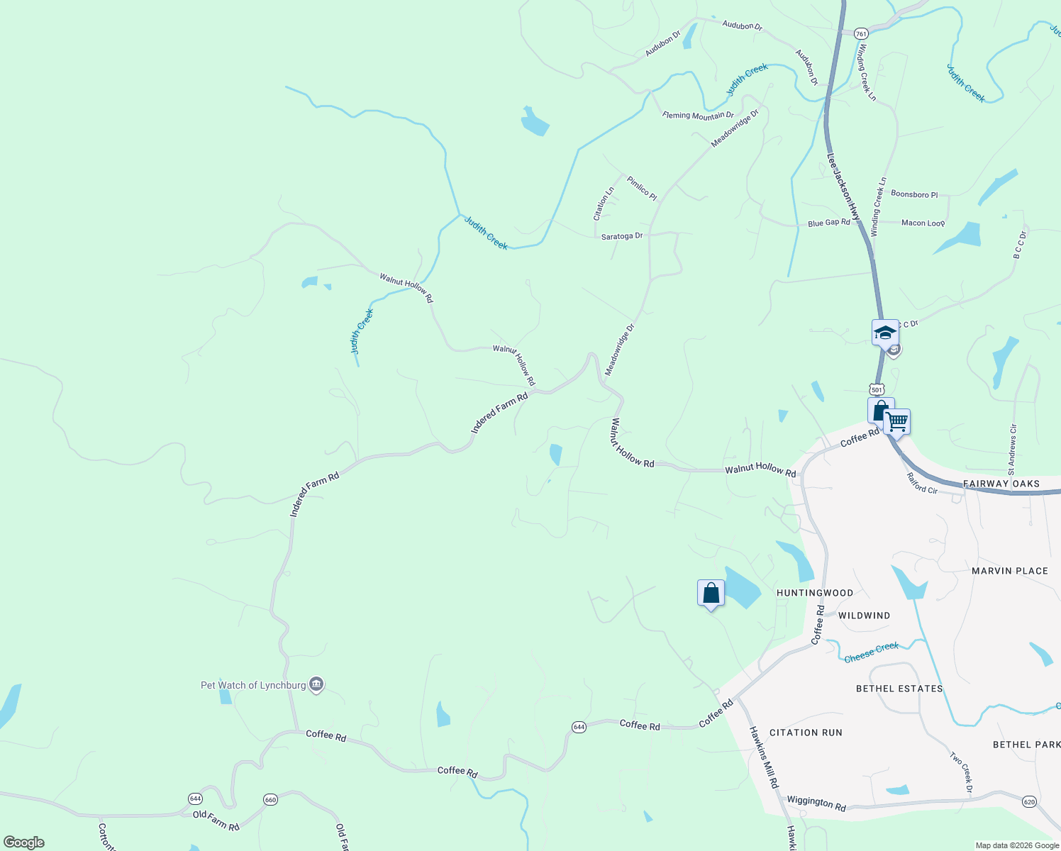 map of restaurants, bars, coffee shops, grocery stores, and more near 1151 Somerset Shire Place in Lynchburg