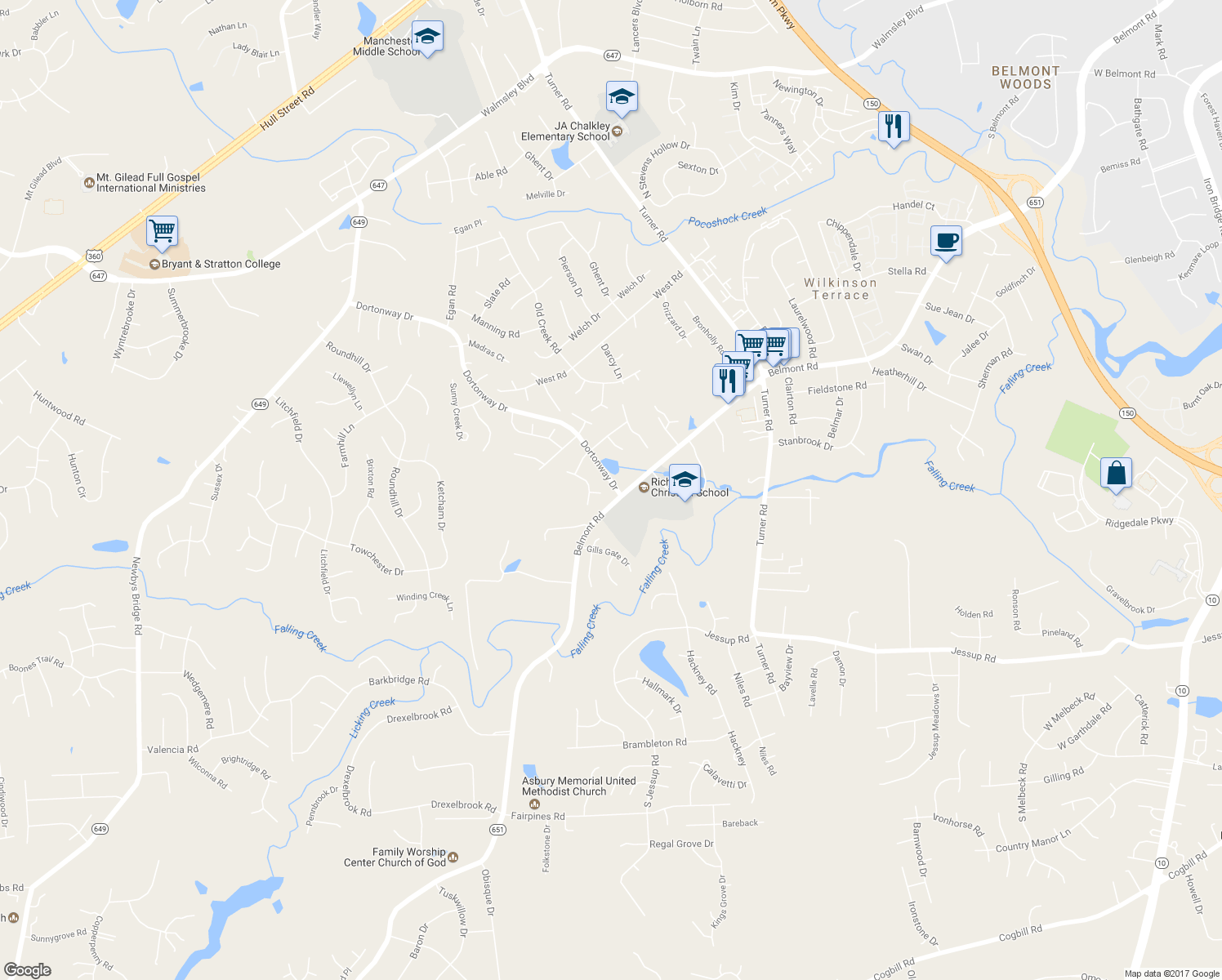 map of restaurants, bars, coffee shops, grocery stores, and more near 3900 Autumn Mist Court in Chesterfield