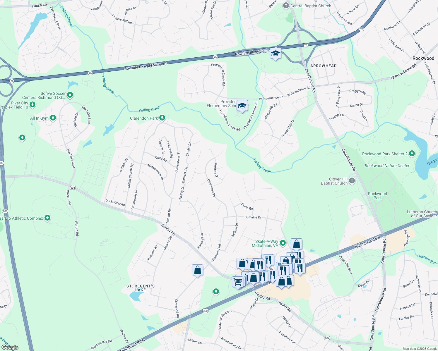 map of restaurants, bars, coffee shops, grocery stores, and more near 2831 Perdido Drive in Midlothian