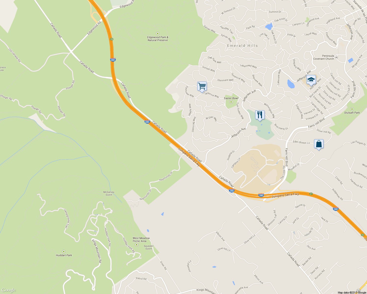 map of restaurants, bars, coffee shops, grocery stores, and more near Cañada Road in Woodside