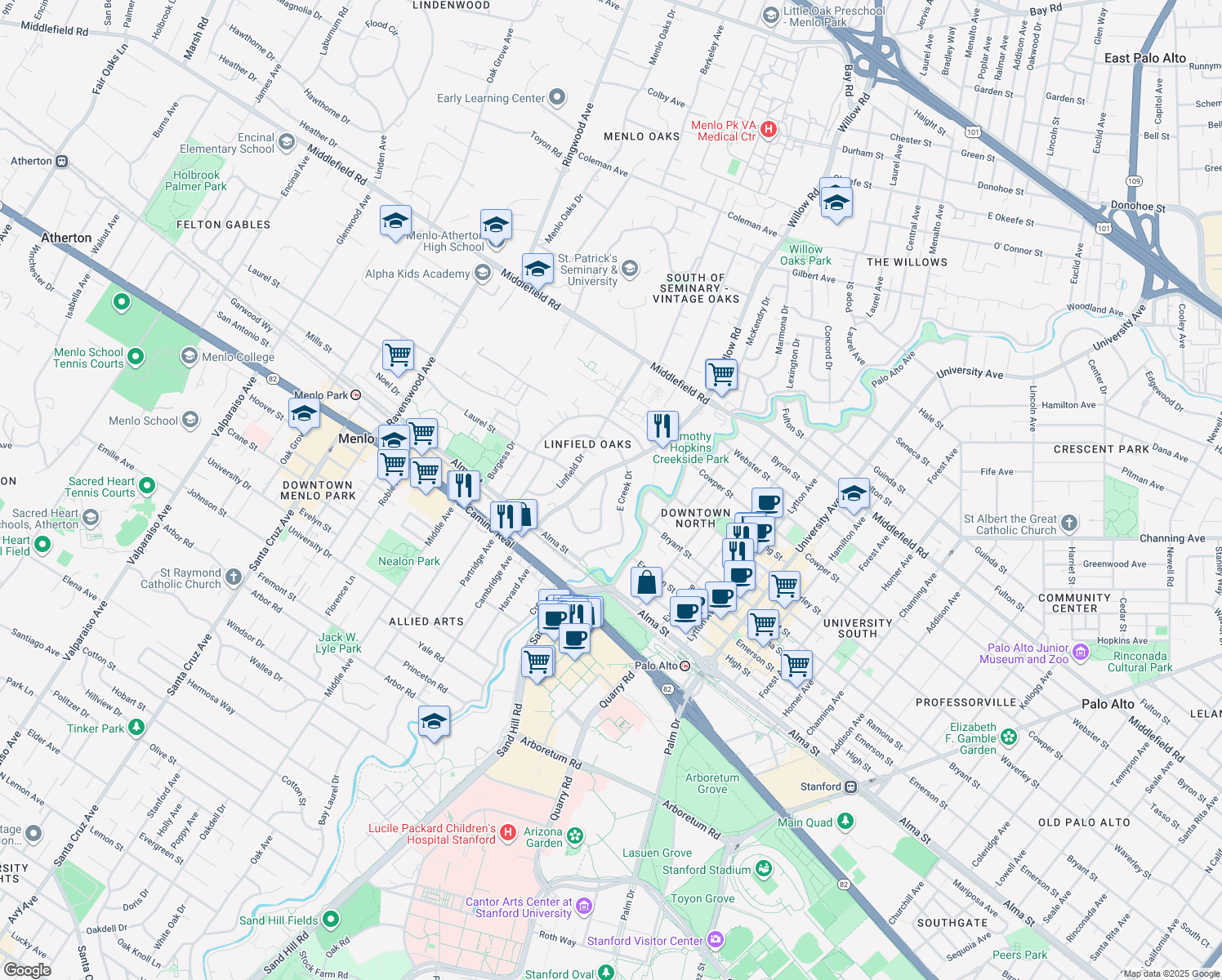 map of restaurants, bars, coffee shops, grocery stores, and more near 335 Claremont Way in Menlo Park