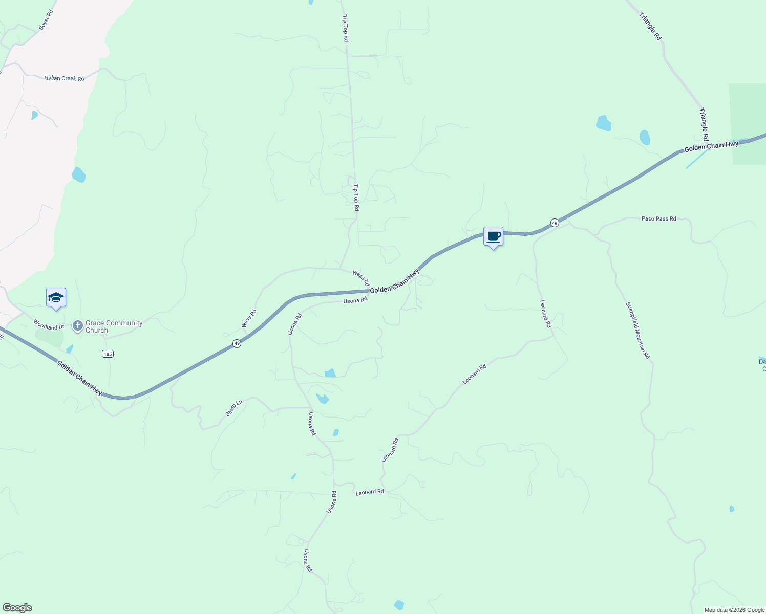 map of restaurants, bars, coffee shops, grocery stores, and more near 4994 Usona Road in Mariposa