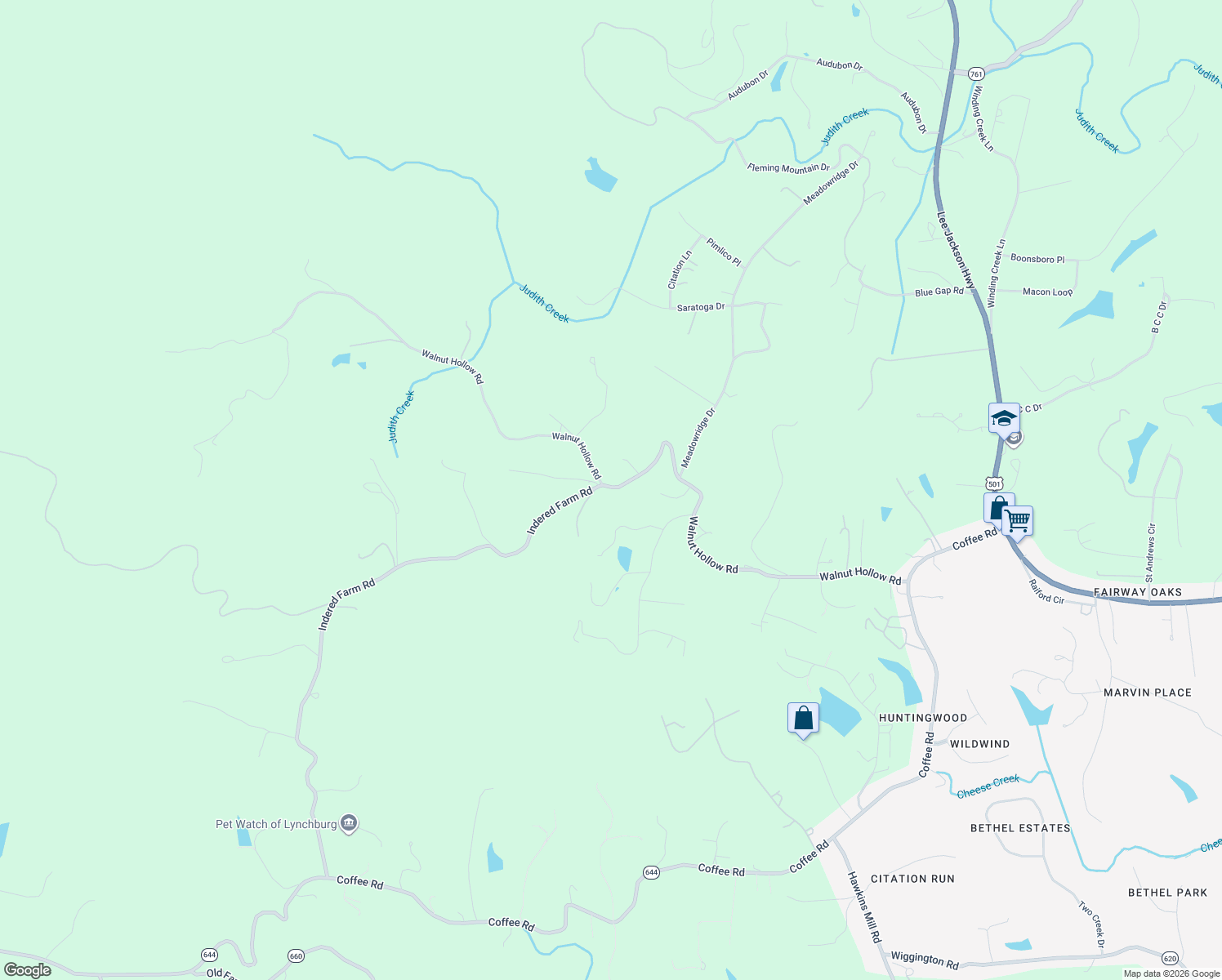 map of restaurants, bars, coffee shops, grocery stores, and more near 1151 Somerset Shire Place in Lynchburg