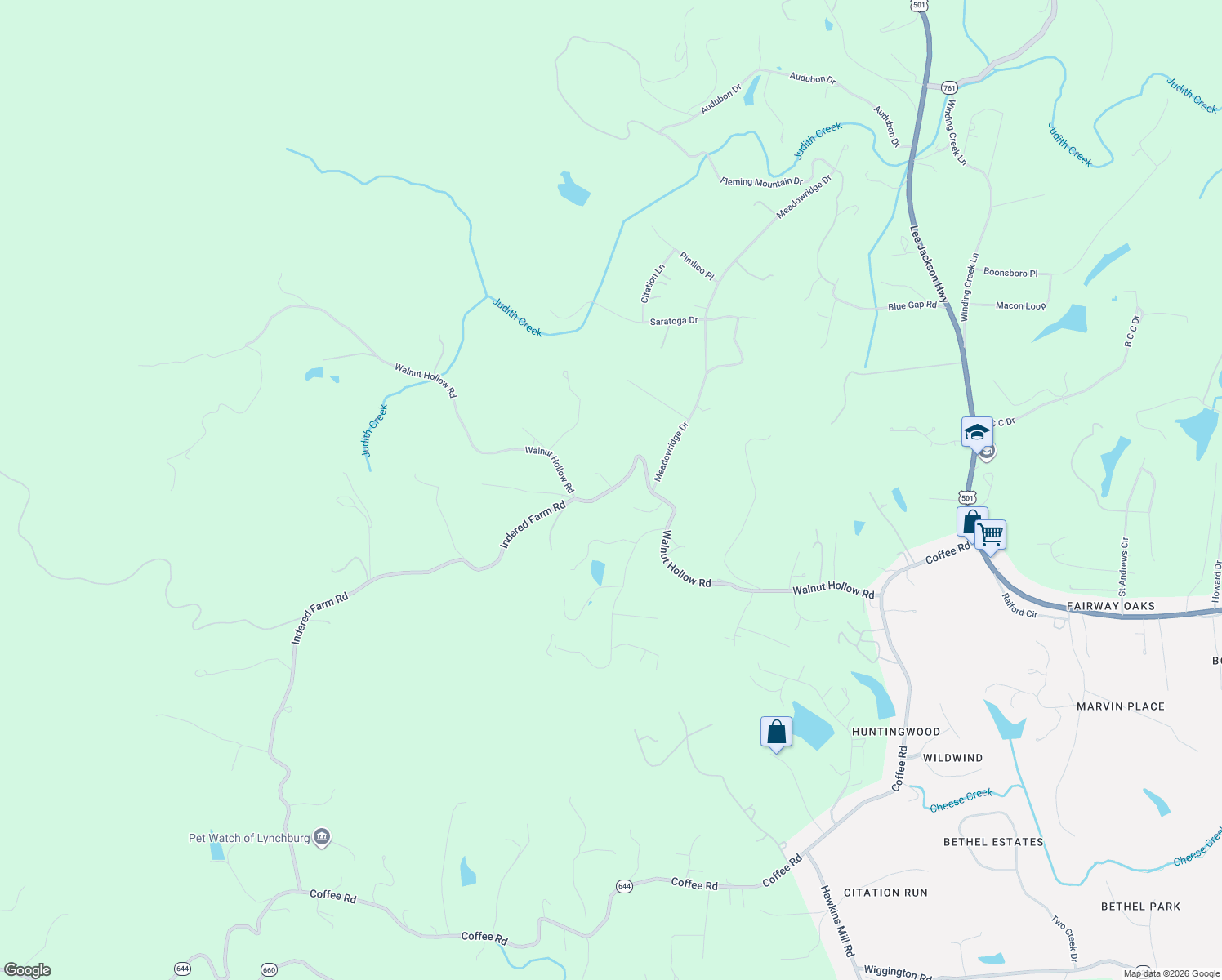 map of restaurants, bars, coffee shops, grocery stores, and more near 2153 Walnut Hollow Road in Lynchburg