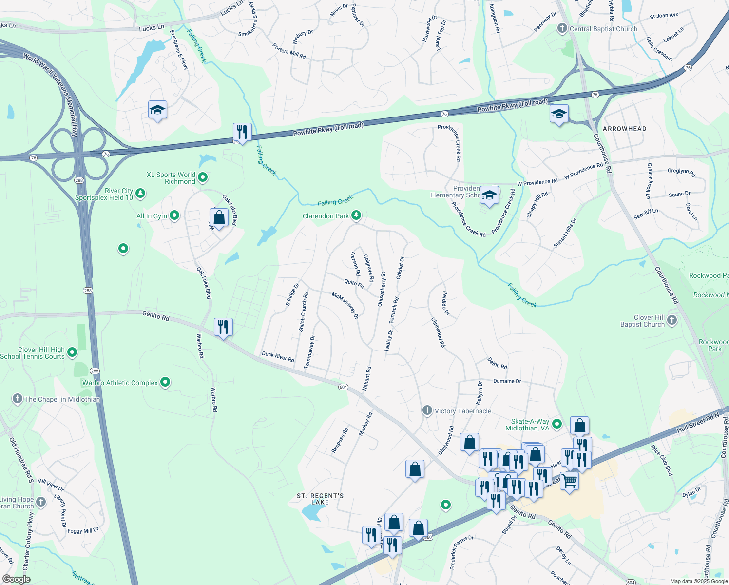 map of restaurants, bars, coffee shops, grocery stores, and more near 12025 Quito Road in Midlothian
