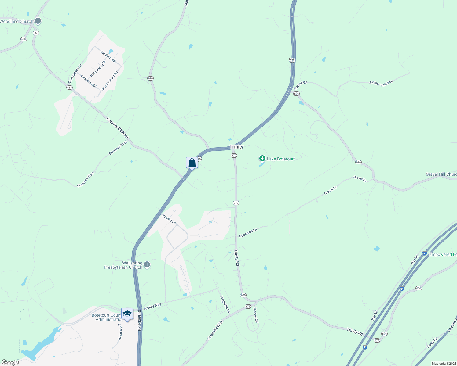 map of restaurants, bars, coffee shops, grocery stores, and more near 2959 Trinity Road in Troutville