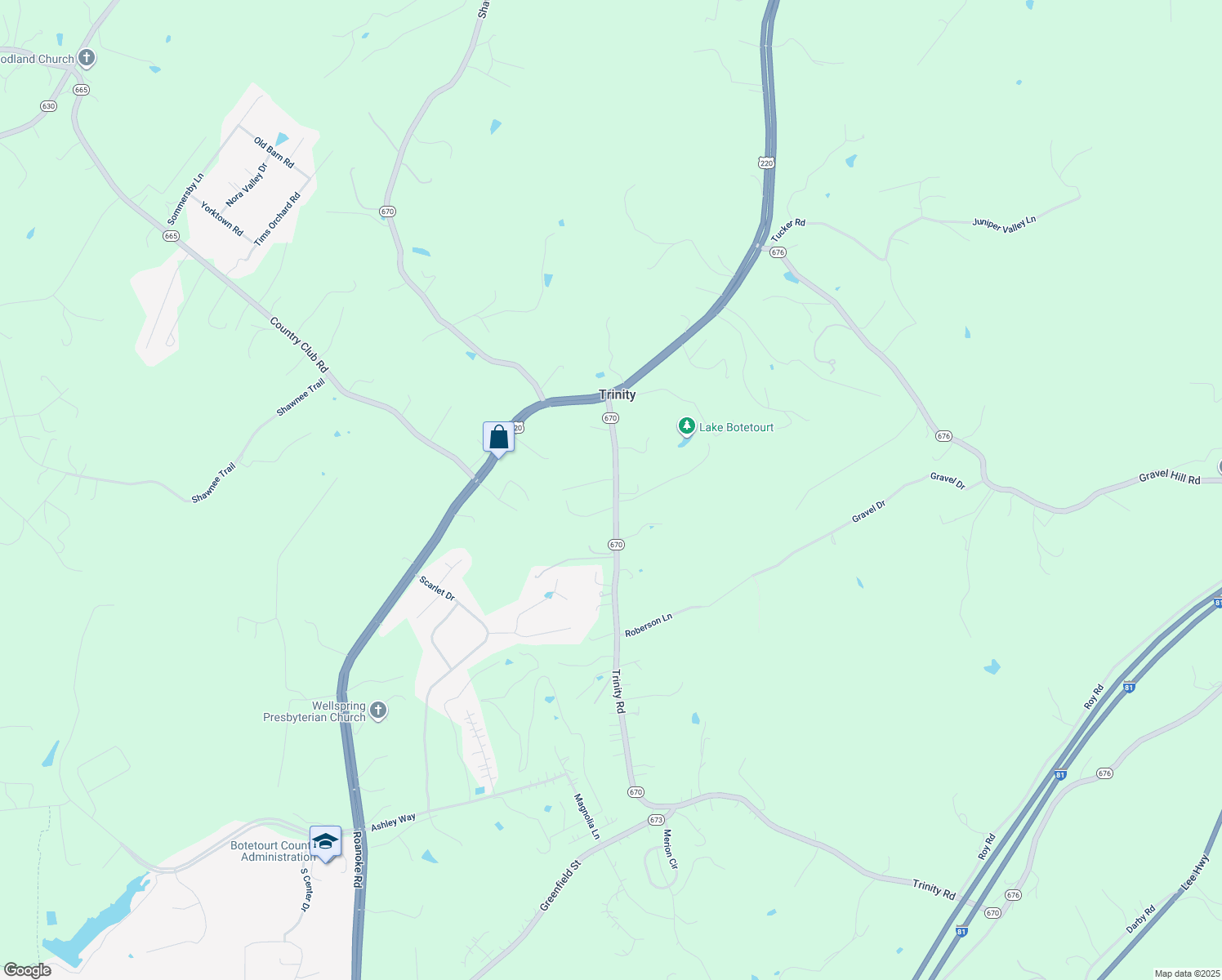 map of restaurants, bars, coffee shops, grocery stores, and more near 2959 Trinity Road in Troutville