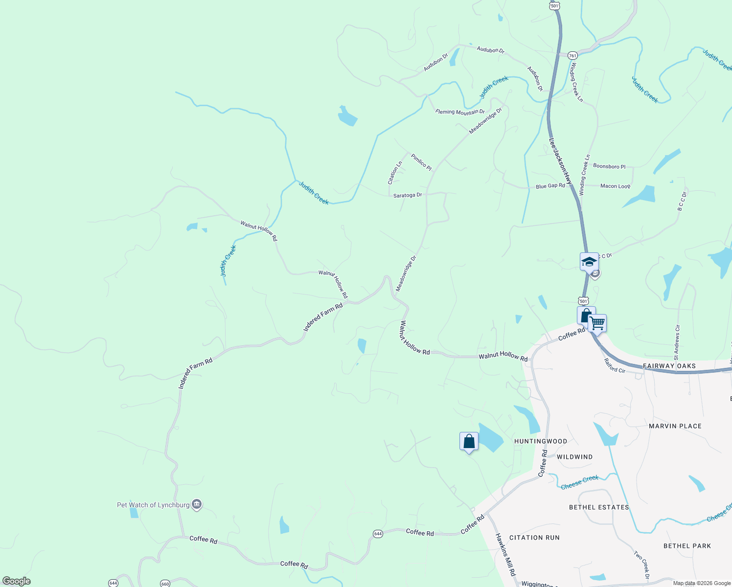 map of restaurants, bars, coffee shops, grocery stores, and more near 2153 Walnut Hollow Road in Lynchburg