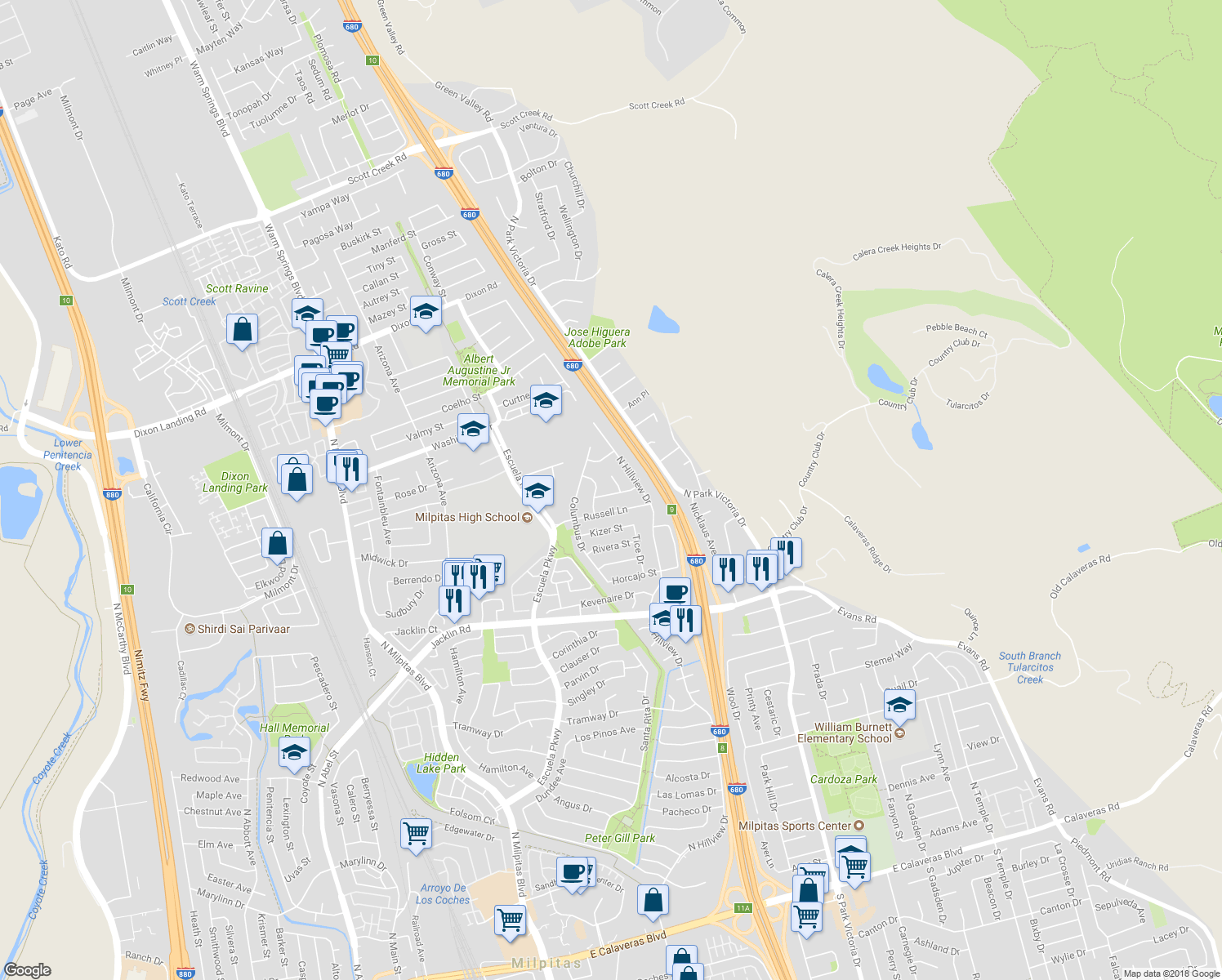 map of restaurants, bars, coffee shops, grocery stores, and more near 839 Nieves Street in Milpitas