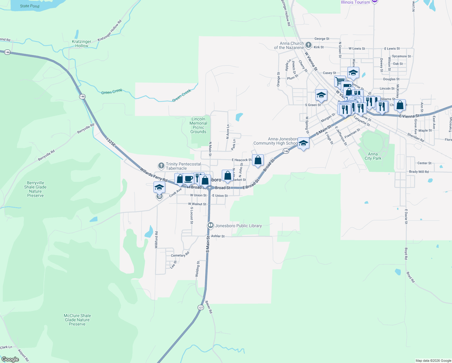 map of restaurants, bars, coffee shops, grocery stores, and more near 109 Pecan St in Jonesboro