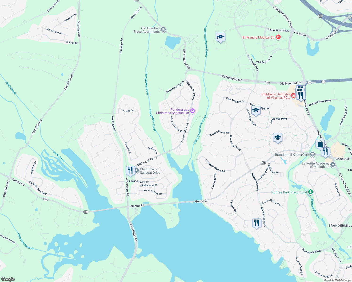 map of restaurants, bars, coffee shops, grocery stores, and more near 2736 Flour Mill Drive in Midlothian