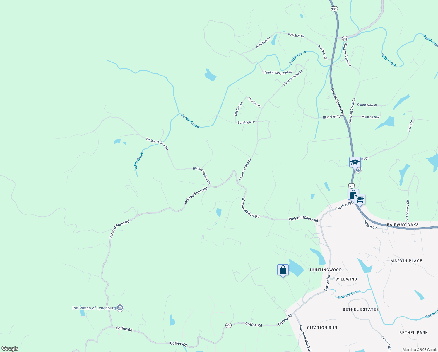 map of restaurants, bars, coffee shops, grocery stores, and more near 2153 Walnut Hollow Road in Lynchburg