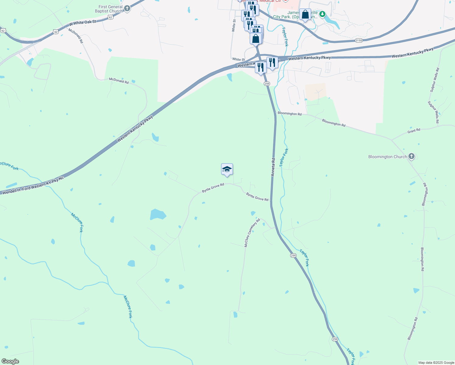 map of restaurants, bars, coffee shops, grocery stores, and more near 660 Byrtle Grove Road in Leitchfield