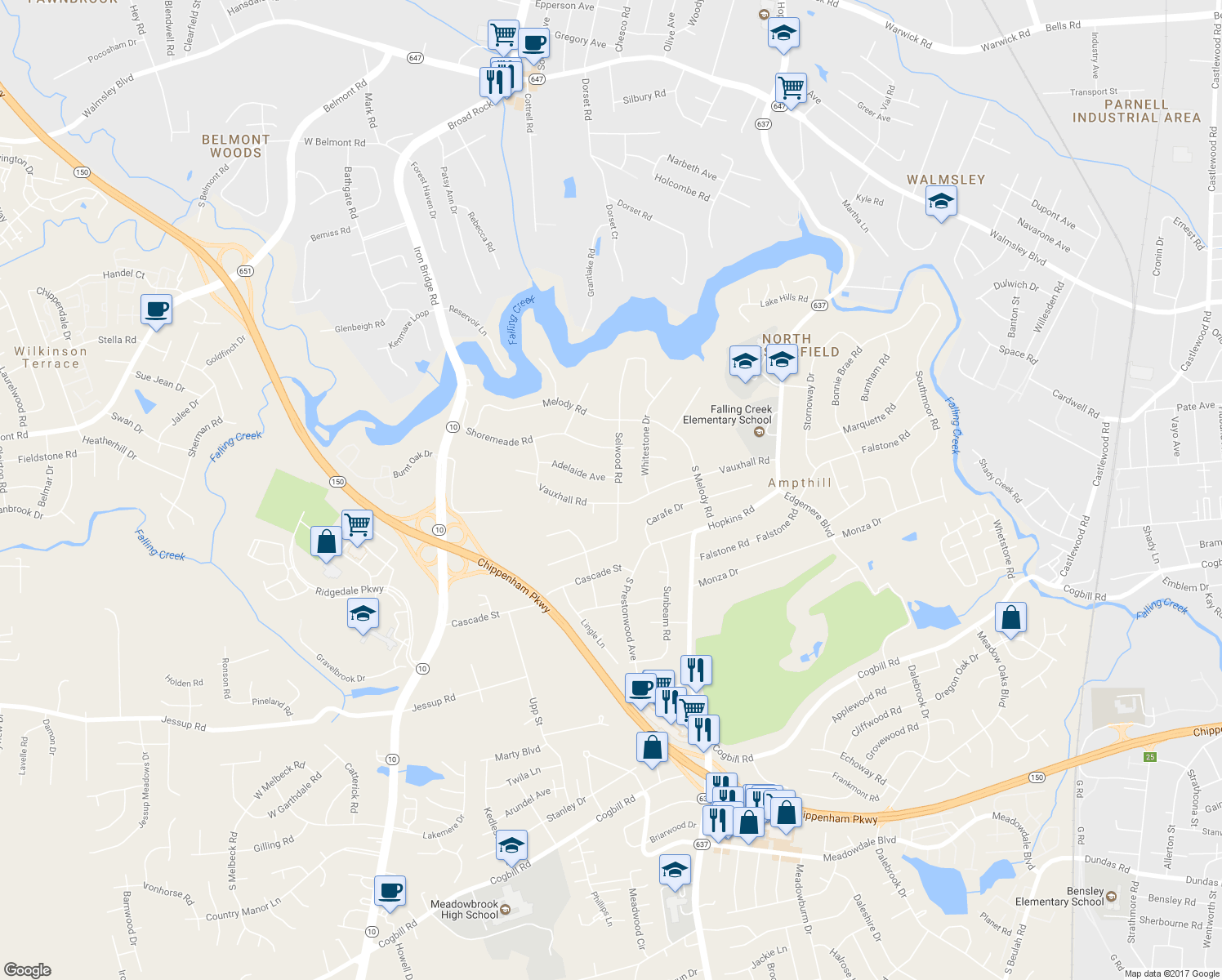 map of restaurants, bars, coffee shops, grocery stores, and more near 4908 Selwood Road in Richmond