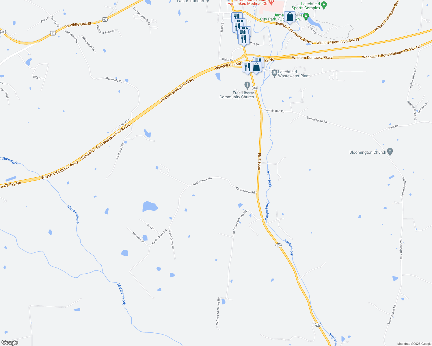 map of restaurants, bars, coffee shops, grocery stores, and more near in Leitchfield
