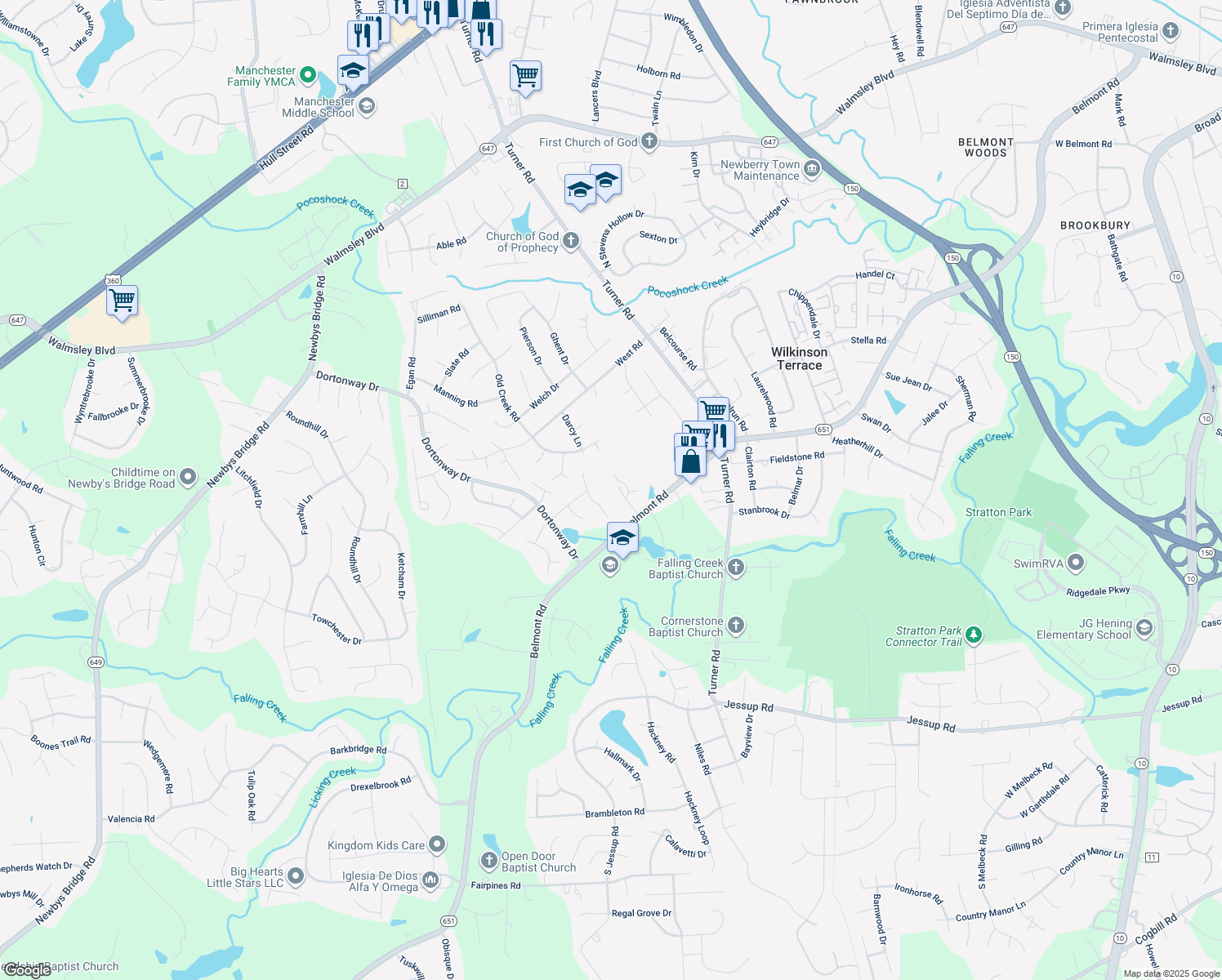 map of restaurants, bars, coffee shops, grocery stores, and more near 6418 Belmont Road in Chesterfield